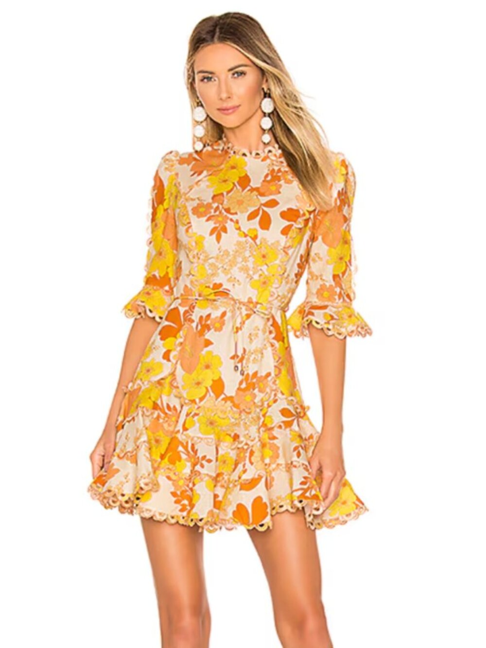 Zimmermann Primrose Flutter Marigold Floral Linen Blend Scalloped Mini Dress 0